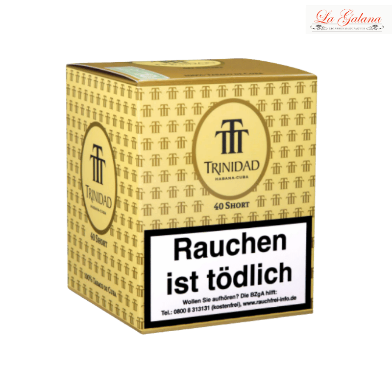 Trinidad Short 40 Cigarillo-Verpackung auf weißem Hintergrund – edle, goldfarbene Metalldose mit Markenlogo, stilvoll und minimalistisch präsentiert. Geschenkverpackung!