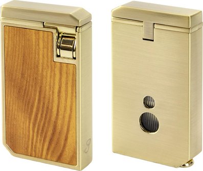 „PASSATORE Zigarrenfeuerzeug Sinclair mit zwei Jet-Flammen, goldfarbenem Gehäuse und Holzdesign, stehend auf weißem Hintergrund – integrierter Rundcutter sichtbar an der Unterseite.“