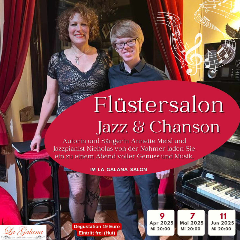 Einladendes Eventplakat für „Flüstersalon – Jazz & Chanson“ mit Annette Meisl (Gesang) und Nick von der Nahmer (Jazzpiano). Der Abend verspricht Live-Musik in gemütlicher Wohnzimmeratmosphäre in Köln, mit Jazz-Evergreens, Eigenkompositionen und Liedern über Liebe und Leben. Zusätzlich werden lateinamerikanische Spezialitäten und edler Rum angeboten. Beginn um 20 Uhr, Dauer ca. 2 Stunden, Eintritt frei.