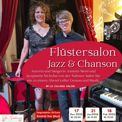 Jazz & Chanson“ mit Annette Meisl (Gesang) und Nick von der Nahmer (Jazzpiano). Der Abend verspricht Live-Musik in gemütlicher Wohnzimmeratmosphäre in Köln, mit Jazz-Evergreens, Eigenkompositionen und Liedern über Liebe und Leben. Zusätzlich werden lateinamerikanische Spezialitäten und edler Rum angeboten. Beginn um 20 Uhr, Dauer ca. 2 Stunden, Eintritt frei.