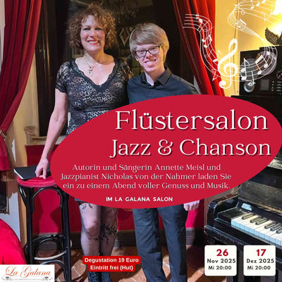 Einladendes Eventplakat für „Flüstersalon – Jazz & Chanson“ mit Annette Meisl (Gesang) und Nick von der Nahmer (Jazzpiano). Der Abend verspricht Live-Musik in gemütlicher Wohnzimmeratmosphäre in Köln, mit Jazz-Evergreens, Eigenkompositionen und Liedern über Liebe und Leben. Zusätzlich werden lateinamerikanische Spezialitäten und edler Rum angeboten. Beginn um 20 Uhr, Dauer ca. 2 Stunden, Eintritt frei.