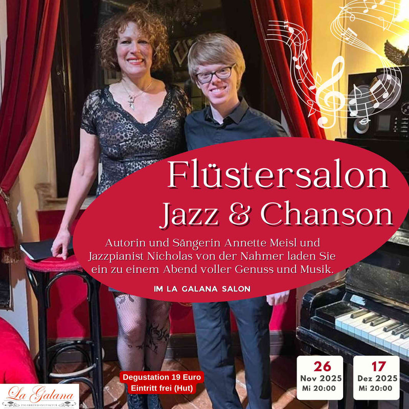 Einladendes Eventplakat für „Flüstersalon – Jazz & Chanson“ mit Annette Meisl (Gesang) und Nick von der Nahmer (Jazzpiano). Der Abend verspricht Live-Musik in gemütlicher Wohnzimmeratmosphäre in Köln, mit Jazz-Evergreens, Eigenkompositionen und Liedern über Liebe und Leben. Zusätzlich werden lateinamerikanische Spezialitäten und edler Rum angeboten. Beginn um 20 Uhr, Dauer ca. 2 Stunden, Eintritt frei.
