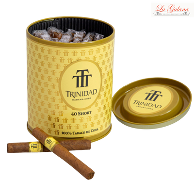 Trinidad Short 40 Cigarillo-Verpackung auf weißem Hintergrund – edle, goldfarbene Metalldose mit Markenlogo, stilvoll und minimalistisch präsentiert.