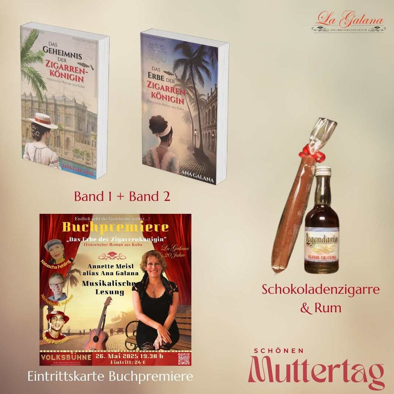 Muttertagsgeschenk-Set bestehend aus einer Eintrittskarte zur Buchpremiere Zigarrenkönigin, den ersten beiden Bänden des Romans, einer kleinen Flasche Rum und einer Schokoladenzigarre – stilvoll arrangiert für literarischen Genuss und edle Verwöhnmomente.