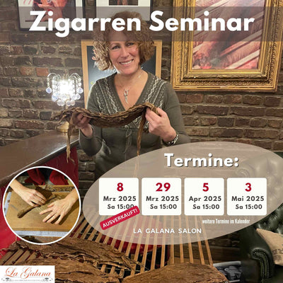 Zigarren-Seminar bei La Galana in Köln – Lernen Sie die Kunst des Zigarrenrollens in exklusiven Workshops. Termine für März, Mai und Juni 2025 verfügbar. Perfekt für Genießer, Firmenevents und Geschenke. Zigarrenrollerin zeigt handgefertigte Zigarrenproduktion mit Tabakblättern. Jetzt buchen!