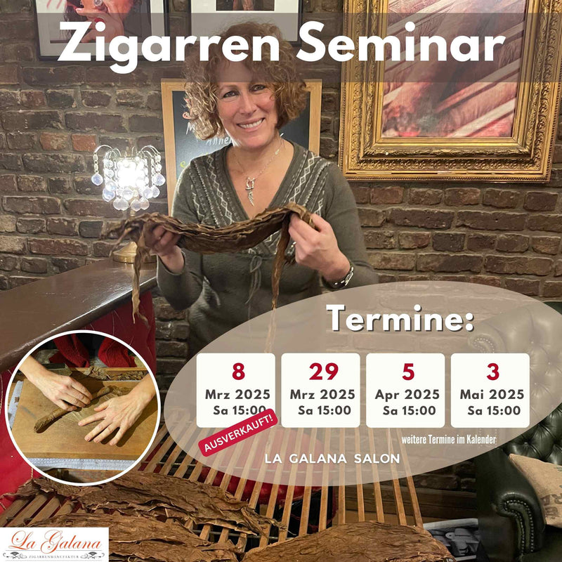 Zigarren-Seminar bei La Galana in Köln – Lernen Sie die Kunst des Zigarrenrollens in exklusiven Workshops. Termine für März, Mai und Juni 2025 verfügbar. Perfekt für Genießer, Firmenevents und Geschenke. Zigarrenrollerin zeigt handgefertigte Zigarrenproduktion mit Tabakblättern. Jetzt buchen!