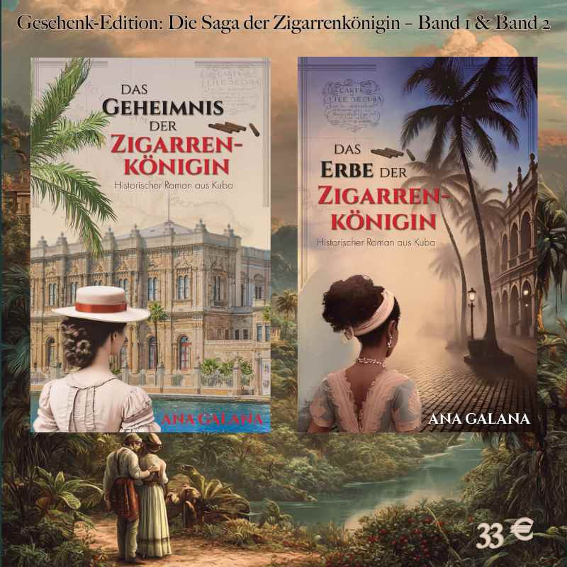 Buchbundle „Die Saga der Zigarrenkönigin“ mit den Covern von Band 1 und Band 2, stilisiert im historischen Kuba des 19. Jahrhunderts, präsentiert als hochwertige Geschenk-Edition zu Weihnachten.