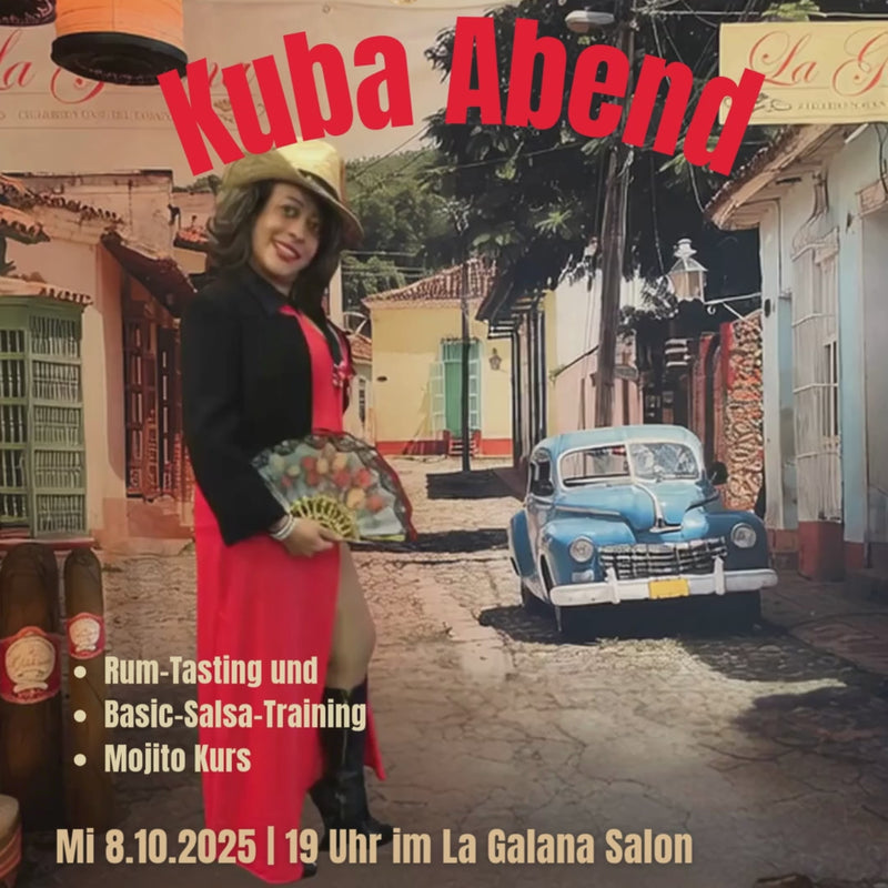 Salsa-Tanz-Workshop im La Galana Colonia Köln: Ein Paar tanzt leidenschaftlich Cuban Salsa in einer stimmungsvollen Bar mit Havana-Flair. Die Frau trägt ein rotes, fließendes Kleid, der Mann einen beigen Guayabera-Hemd und Panama-Hut. Im Hintergrund mixen Gäste Mojitos, rauchen Zigarren und genießen kubanische Rumsorten. Dekoriert mit Rumfässern, Palmen und Live-Musik – ein Stück Kuba in Köln