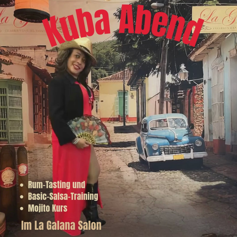 Salsa-Tanz-Workshop im La Galana Colonia Köln: Ein Paar tanzt leidenschaftlich Cuban Salsa in einer stimmungsvollen Bar mit Havana-Flair. Die Frau trägt ein rotes, fließendes Kleid, der Mann einen beigen Guayabera-Hemd und Panama-Hut. Im Hintergrund mixen Gäste Mojitos, rauchen Zigarren und genießen kubanische Rumsorten. Dekoriert mit Rumfässern, Palmen und Live-Musik – ein Stück Kuba in Köln