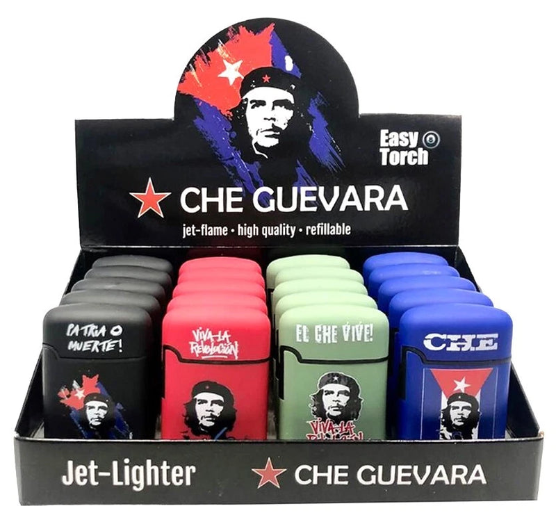 Easy Torch Feuerzeug mit Che-Guevara-Motiv, freigestellt auf weißem Hintergrund.