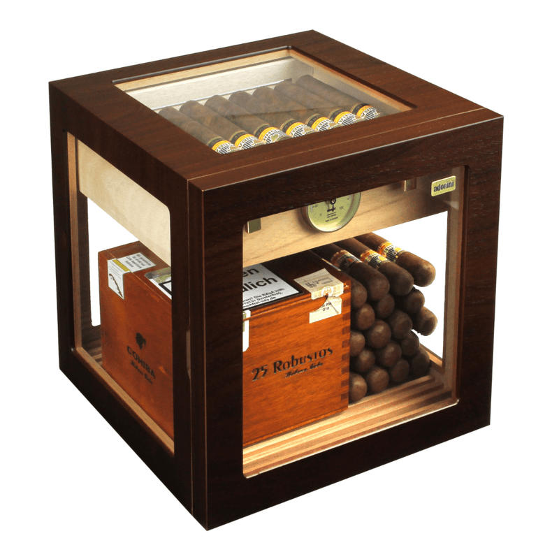 Humidor - Adorini Cube Deluxe Walnuss - mit Glastüre und Glaswänden - LA GALANA - LA GALANA - Zigarre - Zigarren - Zigarren kaufen - Zigarrendreherin | Zigarrendreher | Zigarrenmanufaktur | Tabakgeschäft